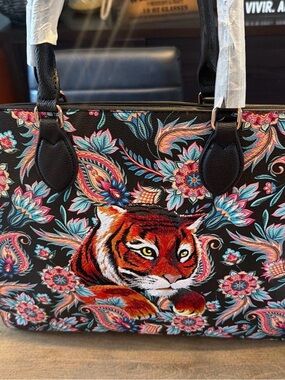 Black Floral Embroidered Tiger Tote
